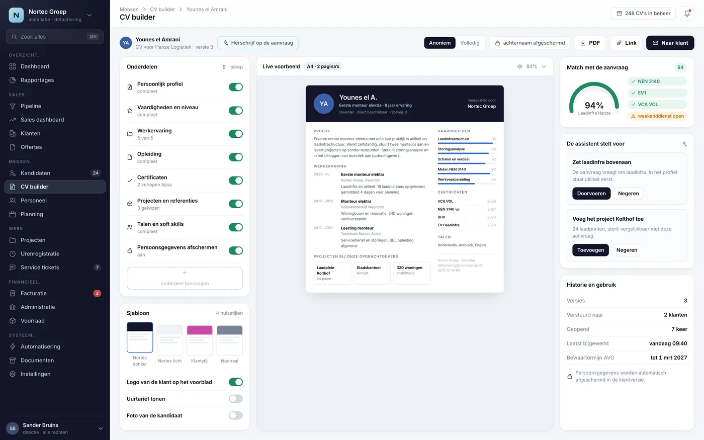 Het scherm CV builder uit het voorbeeld-CRM