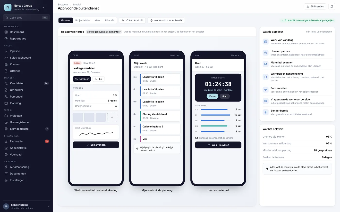Het scherm App voor de buitendienst uit het voorbeeld-CRM