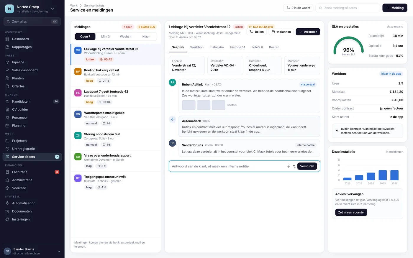Het scherm Service en meldingen uit het voorbeeld-CRM
